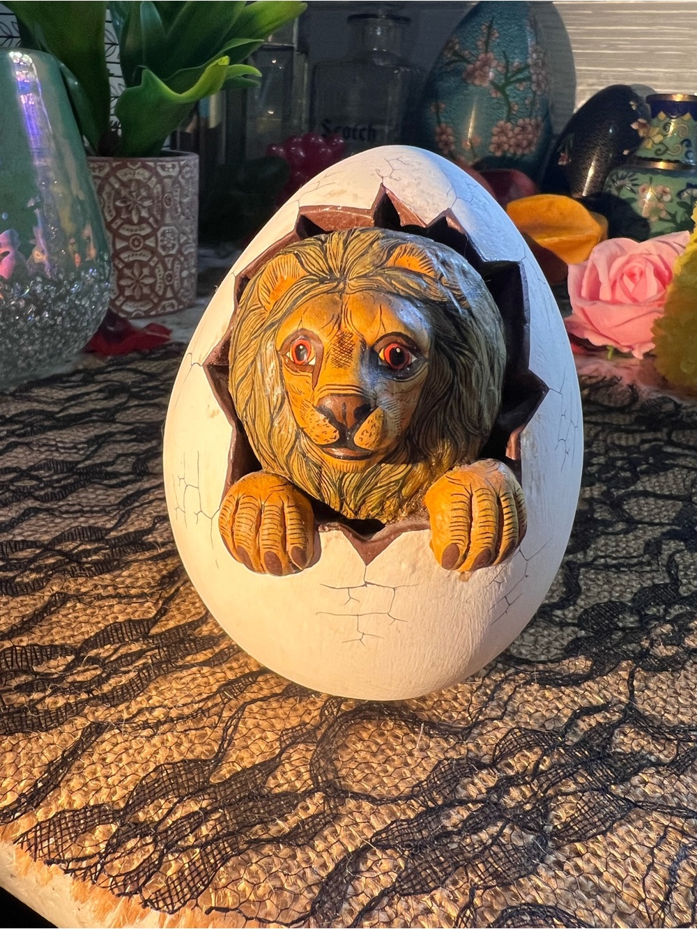 Rare Vintage Lion Hatching from Egg Decorative Sculpture